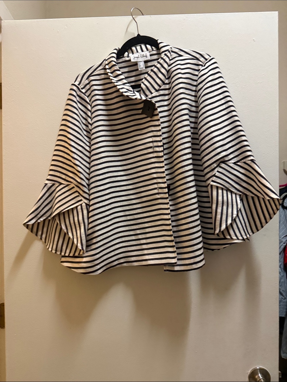 Joseph Ribkoff Black & White Striped Ruffle-Sleeve Tunic Jacket